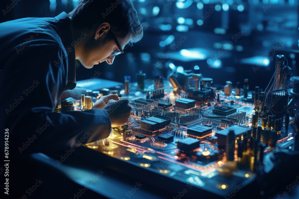 Poster a scientist examining a circuit board under a microscope, representing electronics and technology. g