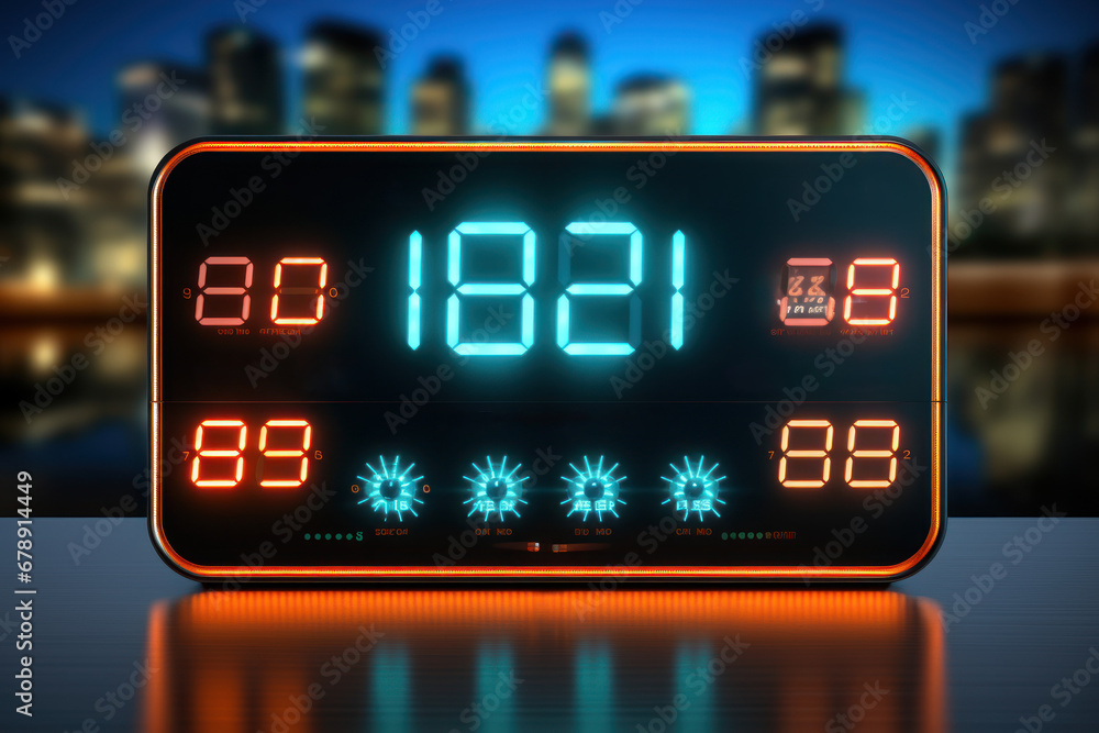 Poster a digital clock displaying the time, symbolizing precision and accuracy in electrical devices. gener