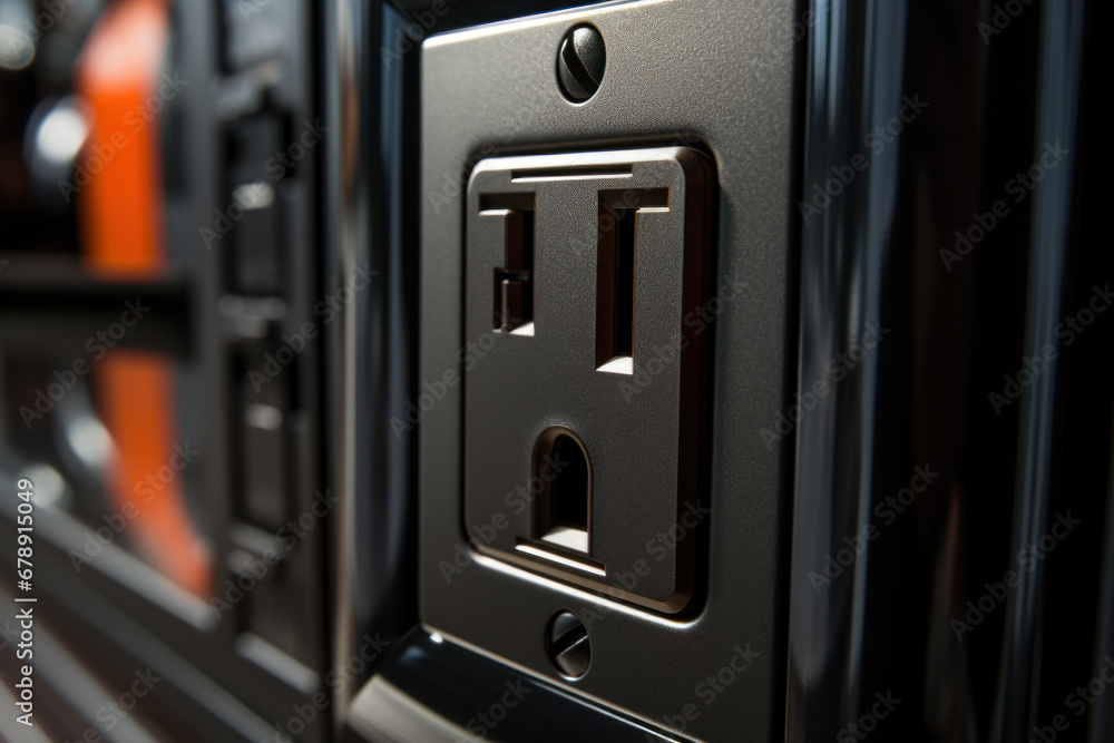 Poster a close-up of an electrical outlet, emphasizing the connection between devices and power sources. ge