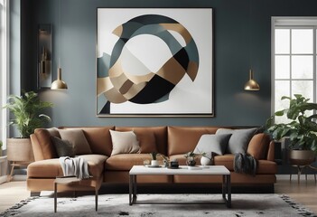 Stylish Living Room Interior with an Abstract Frame Poster Modern interior design 3D render