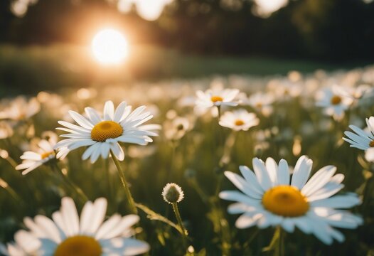 The landscape of white daisy blooms in a field with the focus on the setting sun The grassy meadow