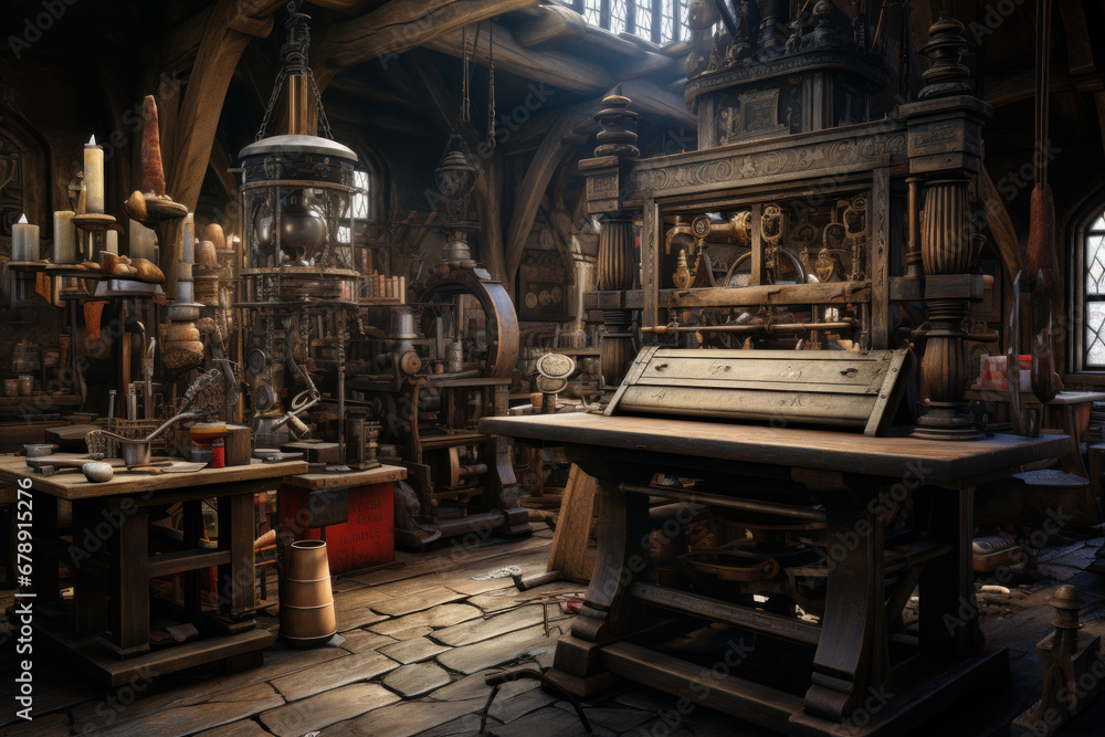 Poster a print shop with an 18th-century printing press in operation, underscoring the importance of printe