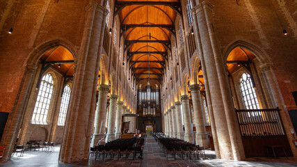 Interior view of historic Nieuwe Church in Delft, Netherlands built from 1393 to 1655.