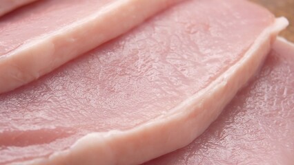 Dolly shot of Sliced Pork Loin on Wooden Board.