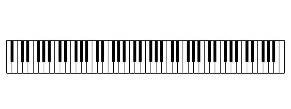 Proportionate vector illustration of full length 88 keys piano keyboard, 7 full octaves. Set of levers on a musical instrument for playing. Design Poster, flyer, leaflet or invitation template.