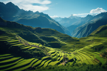 Inca farmers cultivating terraced fields high in the Andes, showcasing agricultural innovation in the Andean region. Generative Ai.