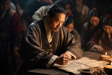 Chinese scholars immersed in the study of classical texts, representing the importance of education...