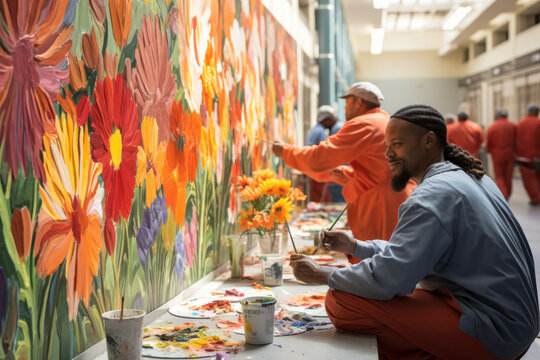 Inmates collaborating on a mural that covers the prison courtyard walls, bringing color and art to a stark environment. Concept of art therapy in corrections. Generative Ai.