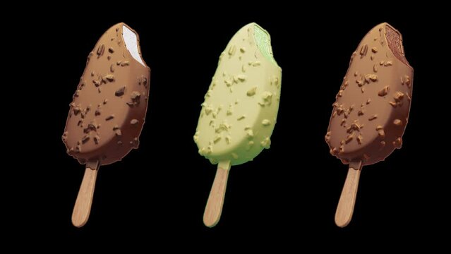 The appearance of 3 types (Pistachio, chocolate) of ice cream with rotation on a black background with alpha channel
