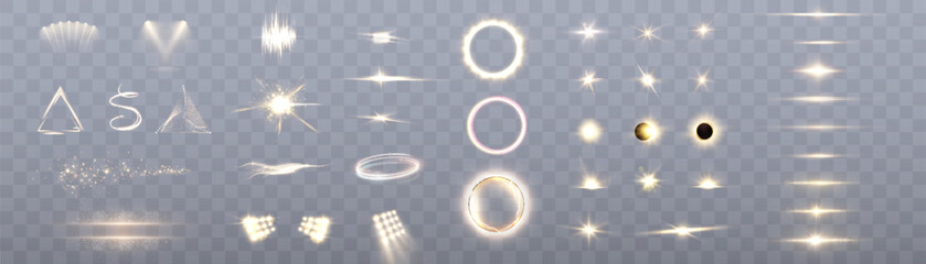 Set of lighting effects. Set of glowing isolated yellow transparent light effects, lens flare, explosion, sparkle, dust, line, solar flare, spark and stars with sun dimming. - obrazy, fototapety, plakaty