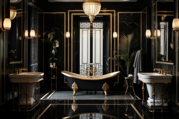 Art deco-inspired bathroom with black and gold fixtures.