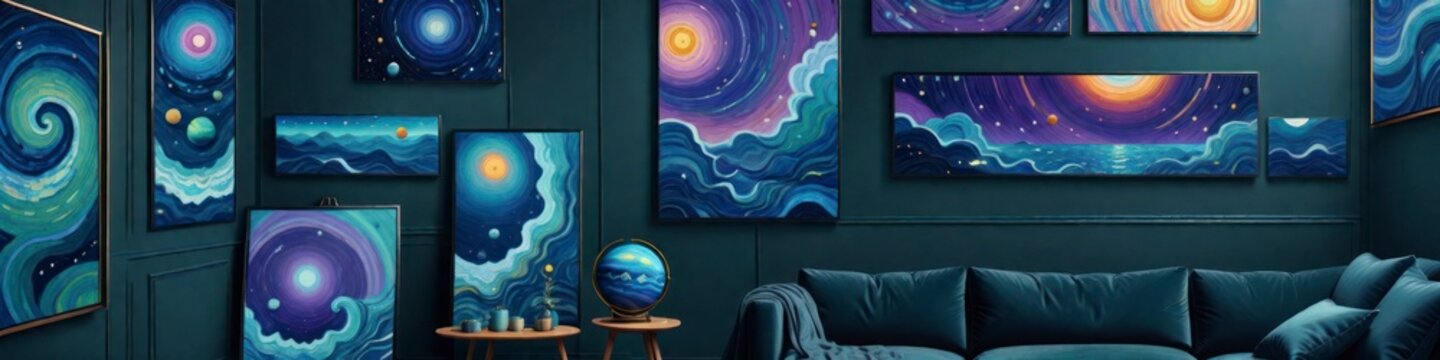 Abstract banner cozy interior with sofa and paintings in fantastic style, background for your design