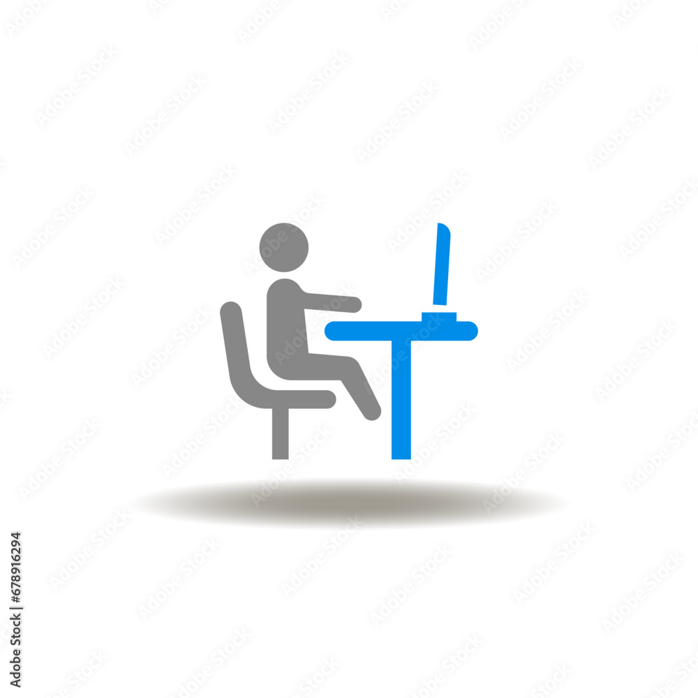 Poster vector illustration of man sitting on the desk with computer. icon of office or home computer work. 