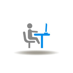 Vector illustration of man sitting on the desk with computer. Icon of office or home computer work. Symbol of support.