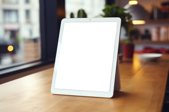 A smooth, unbranded tablet device on a desk, suitable for digital mockups. Generative Ai.