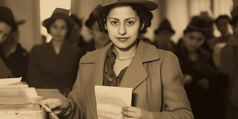 Antique vintage woman, voting for the first time, woman suffragette, women's rights