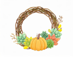 Pumpkin and succulent flower arrangement with dry wood wreath,holiday decoration ,water color 