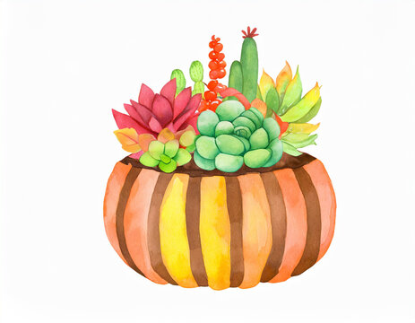 Min of succulent and cactus plants arrangement in pumpkin ,Autumn home decoration ,white background 