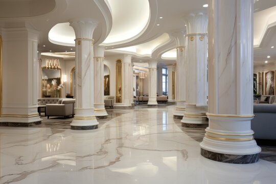 Luxury retail banking branch interior, exclusive private banking, marble floors, VIP service