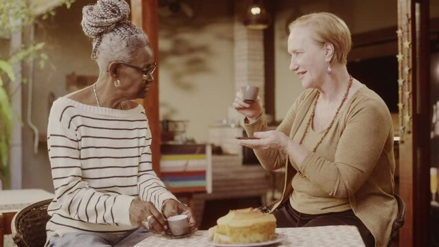 Duas amigas idosas conversando em agradavel cha da tarde. Cinematico 4k.