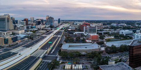 Panoramic aerial view of I4 highway passing through downtown Orlando, Florida.