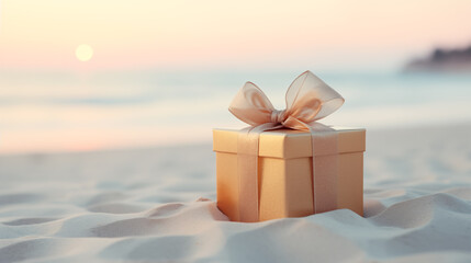 Golden gift box with a bow on a sandy beach near the ocean - obrazy, fototapety, plakaty