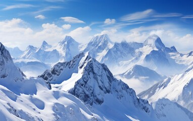 Fototapeta na wymiar Beautiful winter mountains panorama with snow covered peaks and blue sky
