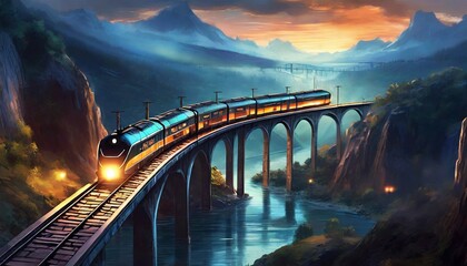 Midnight train on the rails painting art illustration