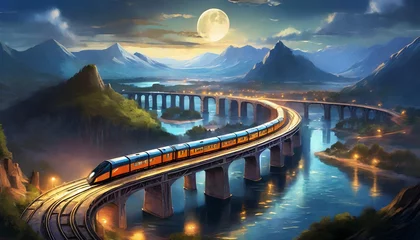Fotobehang Midnight train on the rails painting art illustration © CreativeStock