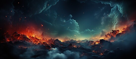 Fantasy landscape with clouds and glowing stars.
