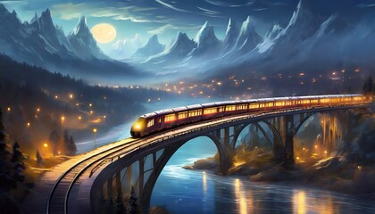 Midnight train on the rails painting art illustration