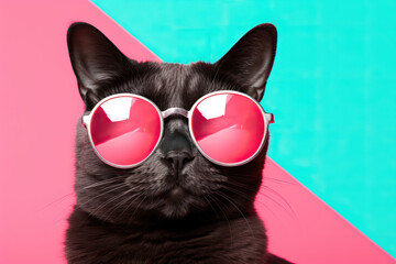Cat wearing Sunglasses on a Pink and Blue background Close Up