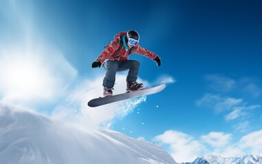 Fototapeta na wymiar Snowboarder jumping against blue sky with white clouds