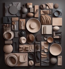 Assorted collection of items arranged on wood. Overhead view.