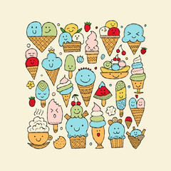 Ice cream characters. Kawaii style, flat. Square frame for your design