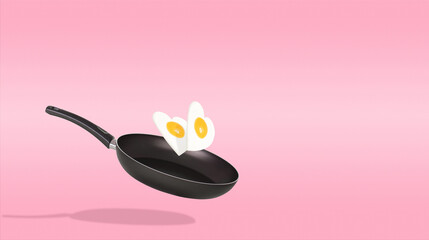 Creative idea with a frying pan and a two fried eggs in heart shape on a bright pink background. Minimal food and love concept. Breakfast idea for Valentine's day and romantic morning. Copy space. - obrazy, fototapety, plakaty