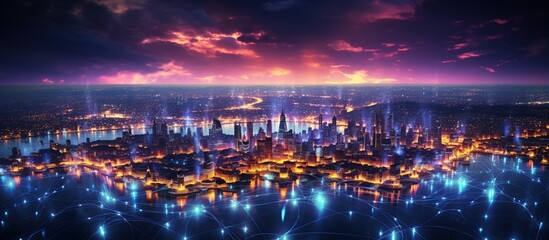Futuristic city with network connection over cityscape background