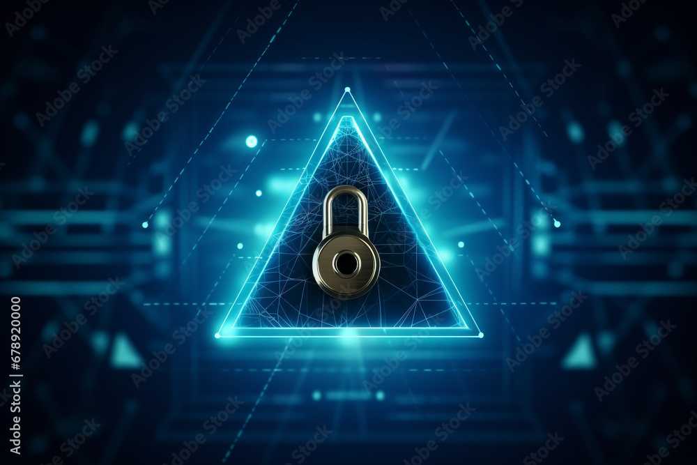 Poster cyber security concept. lock symbol from lines and triangles, point connecting network on blue backg