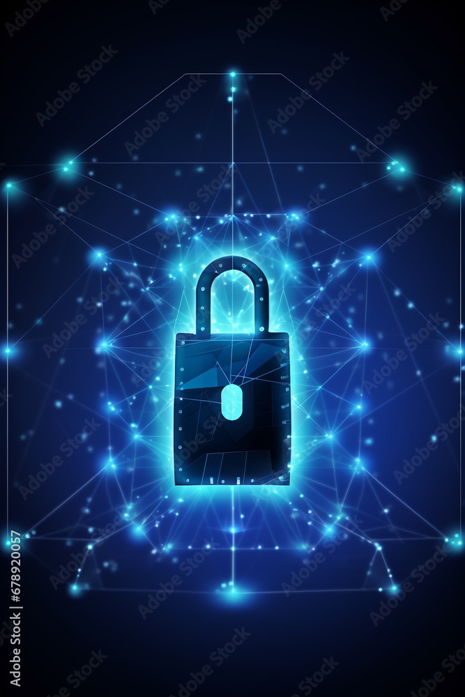 Aufkleber cyber security concept. lock symbol from lines and triangles, point connecting network on blue backg