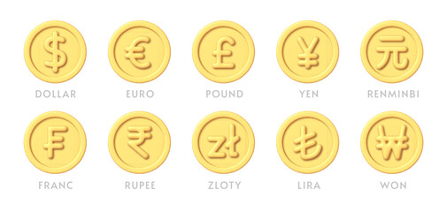Golden currency 3d signs set. Currency, great design for any purposes. Vector isolated sign