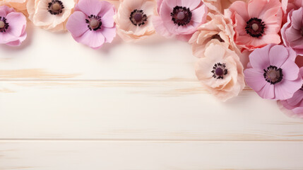 Anemones on Wooden Background, Beautiful Flowers, Spring Floral, Copy Space. Generative AI