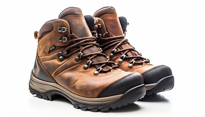 Sturdy hiking boots isolated on white background