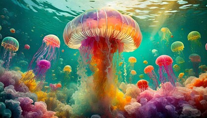 Colorful jellyfish ink explosion underwater background art illustration - obrazy, fototapety, plakaty