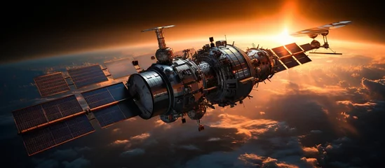 Poster space station on the background of the sunset © nahij
