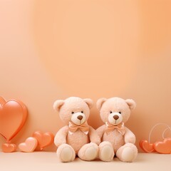 Fototapeta premium pastel orange background template with 2 teddy bears, AIgenerated 