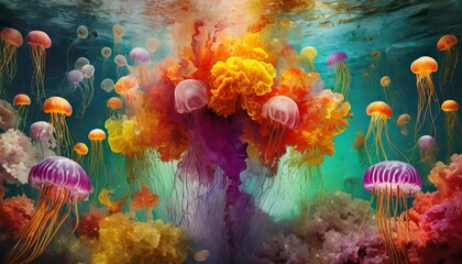 Colorful jellyfish ink explosion underwater background art illustration