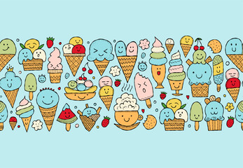 Ice cream characters. Kawaii style. Seamless pattern background for your design