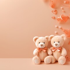 pastel orange background template with 2 teddy bears, AIgenerated 