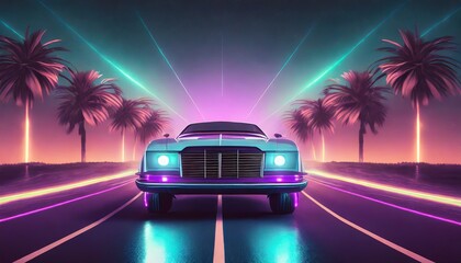 Retro futuristic 80s design. Car on a road, metaverse cyberpunk.	
 - obrazy, fototapety, plakaty