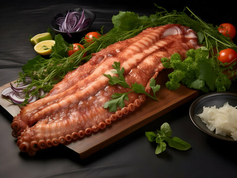 Seafood platter and fish fillet, salmon fillet, tuna fillet, octopus and squid, crab, grilled sea food, sea food and fish fillet for diet and nutrition, ai generated photo